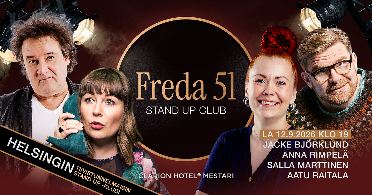Freda 51 Stand Up Club: 12.9. Jacke Björklund, Aatu Raitala, Anna Rimpelä ja Salla Marttinen - Menox - Helsinki - Saturday 12 September 2026
