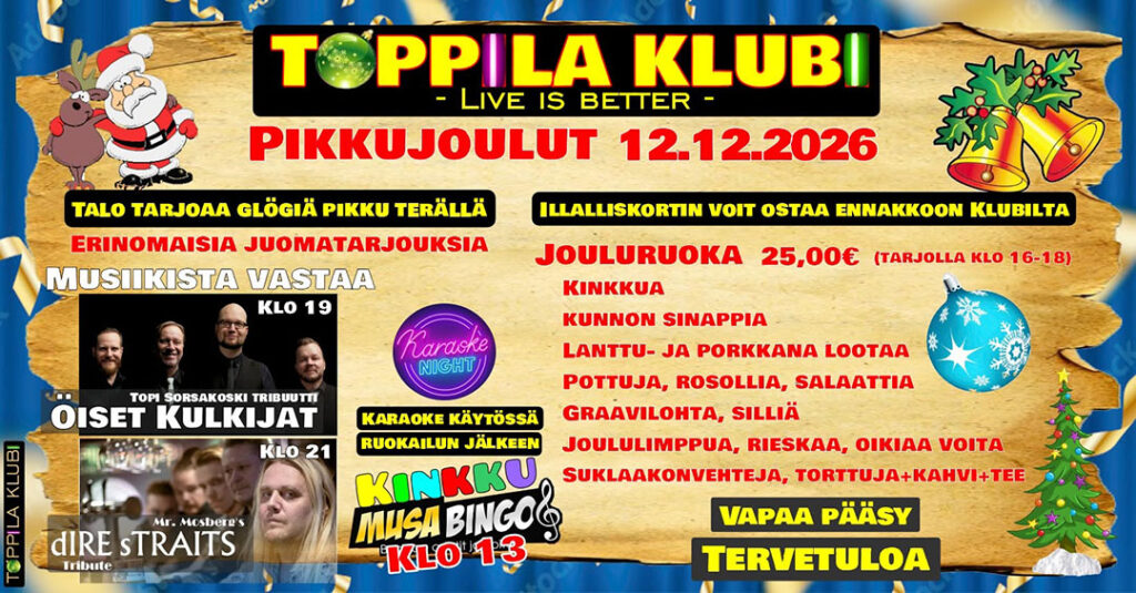 Klubin pikkujoulut 2026 - Menox - Oulu - lauantaina 12. joulukuuta 2026